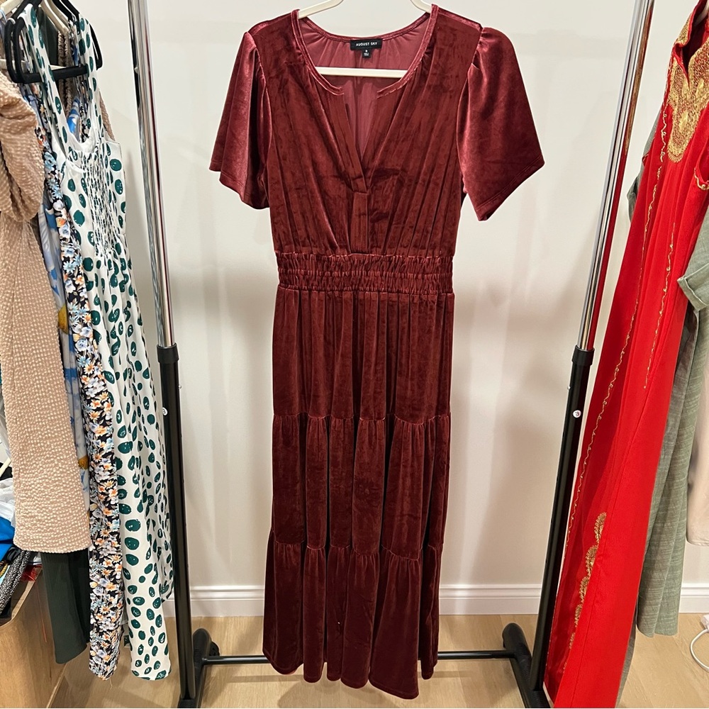 Tiered Velvet Maxi Dress in Burgundy